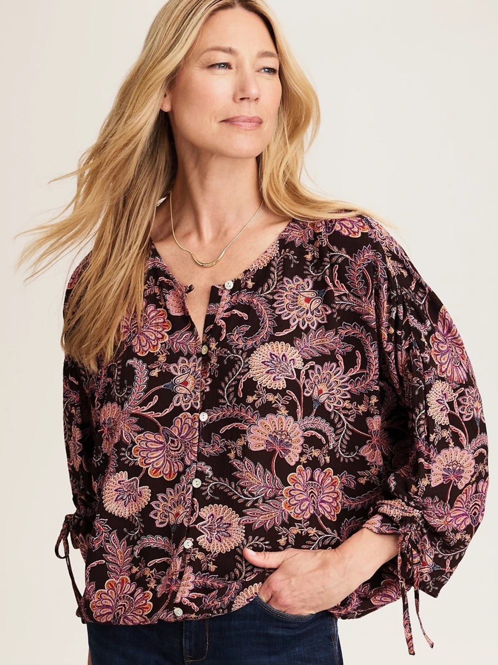 J. Jill Printed Crinkle Textured Top XL Floral Paisley Button Front Blouse - Picture 5 of 6